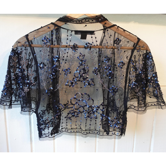 Vintage Y2K Sheer Sequin Mesh Shrug Womens XS Black Cropped Whimsigoth Fairy Top - Picture 2 of 8